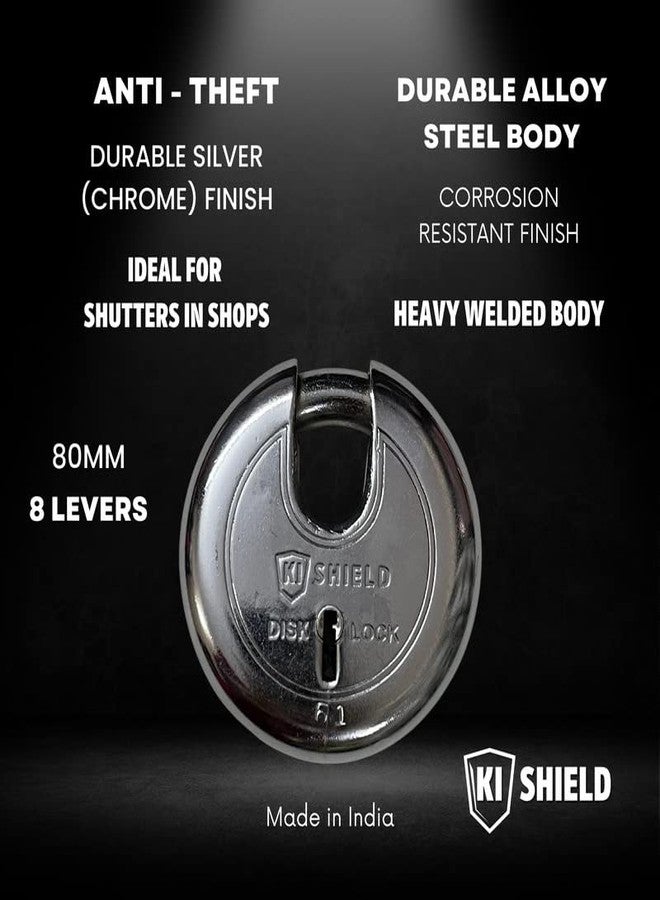 KI SHIELD قفل قرص فولاذي دائري شديد التحمل من كي شيلد 1008، بقطر 80 مم، للأبواب والستائر والبوابات | قفل فولاذي مقوى مضاد للسرقة | قفل أمان مقاوم للصدأ والقطع، مناسب للمنازل والمستودعات، اشترِ 4 واحصل على 1 مجانًا - Image 5